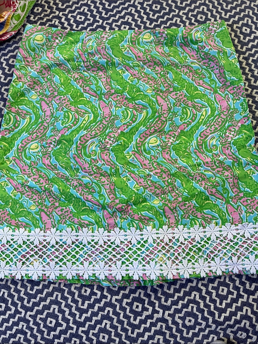 Lilly Pullitzer Green & Pink Swirl Mini Skirt with White Lace Trim